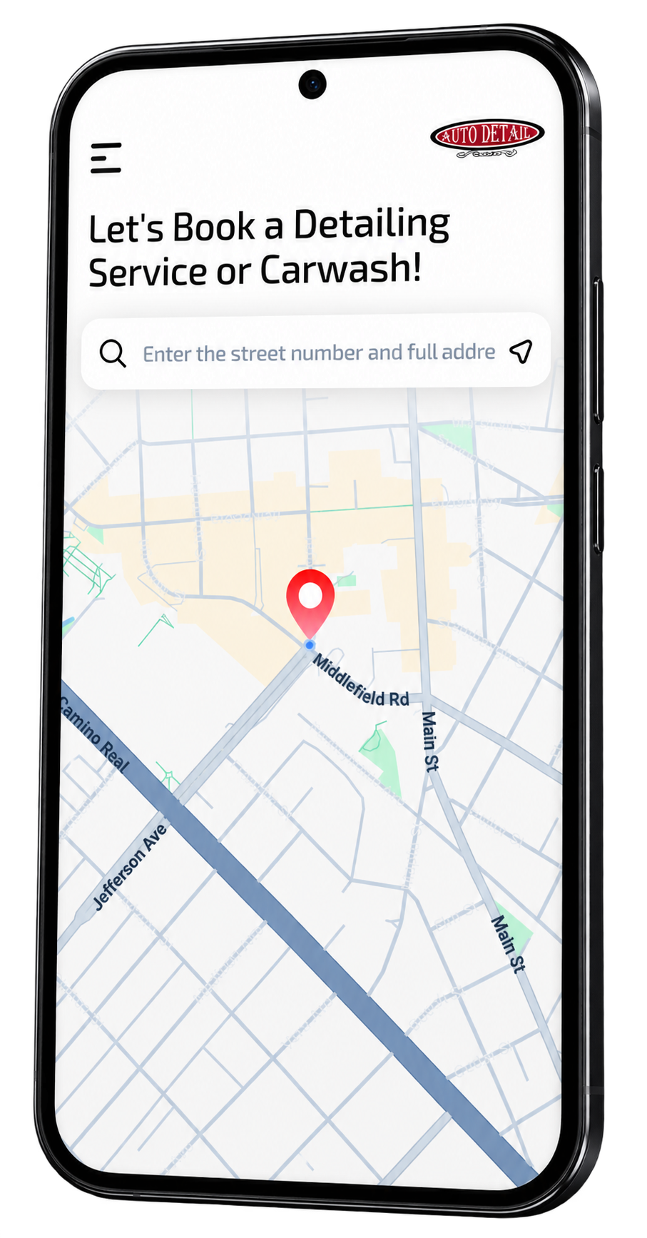 Auto Detail Factory app preview showing the address search and map